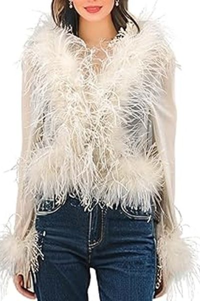 Dorit Kemsley’s White Feather Trim Jacket on WWHL