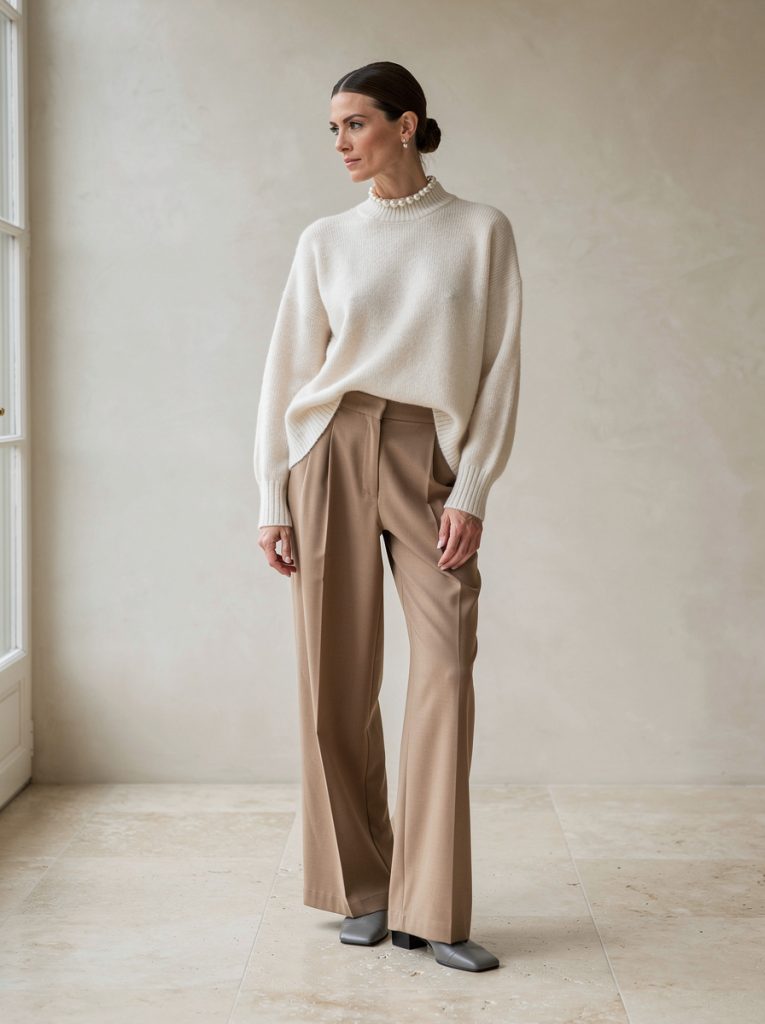 Sovereign Minimalist style archetype — travertine floor, ivory cashmere, pearl strand