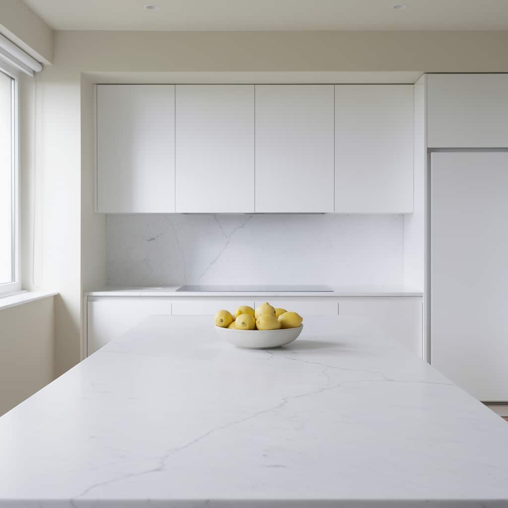 Minimalist kitchen with white Carrara marble countertops and a single row of lemons