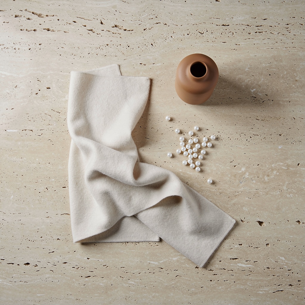 Sovereign Minimalist flat lay — bone and camel palette, travertine surface