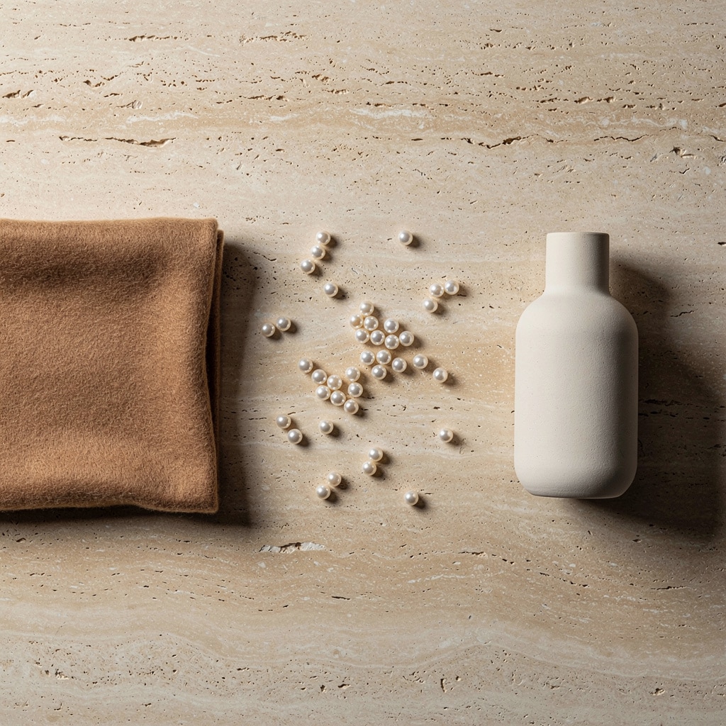 Sovereign Minimalist flat lay — bone and camel palette, undyed cashmere on a travertine surface