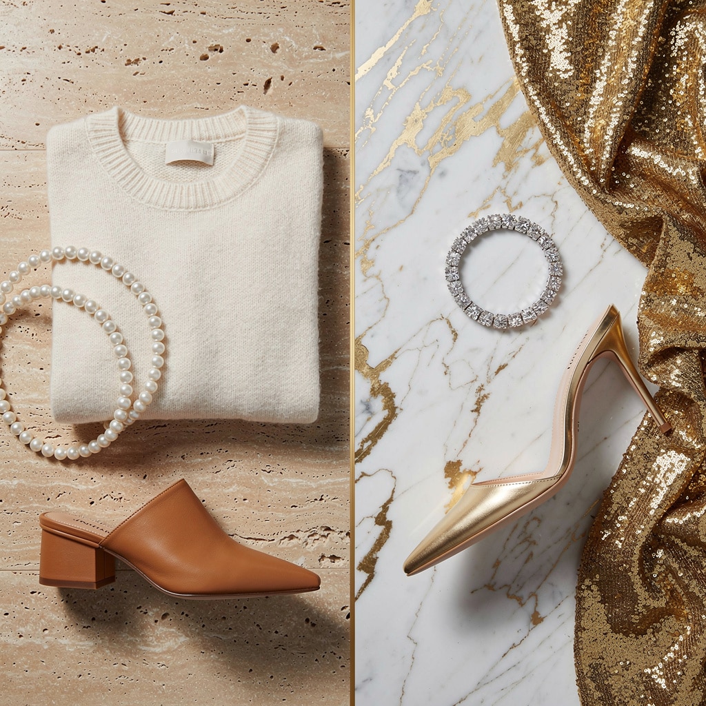 Split flat lay: Sovereign Minimalist bone and camel palette versus Jersey Sovereign gold and diamond palette