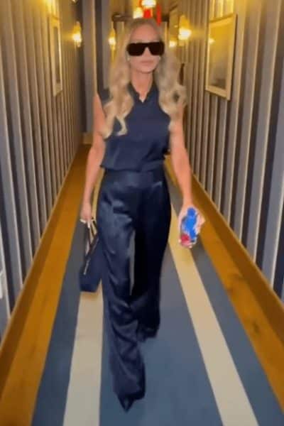 Dorit Kemsley’s Navy Blue Satin Trousers and Shirt - Product Image