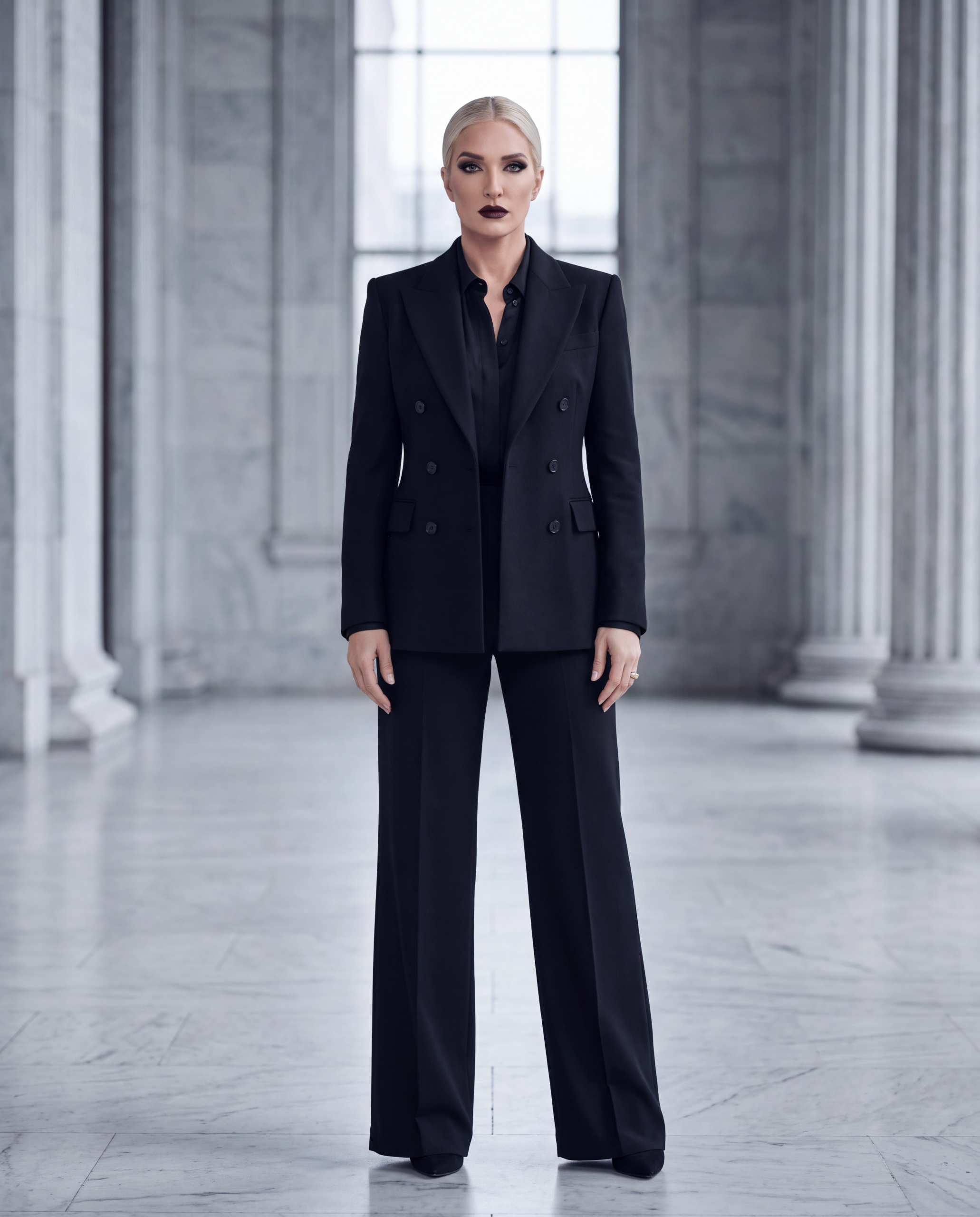 Dark Feminine archetype editorial: blonde woman in black double-breasted blazer and wide-leg trousers standing between marble courthouse columns — WifeLife.vip