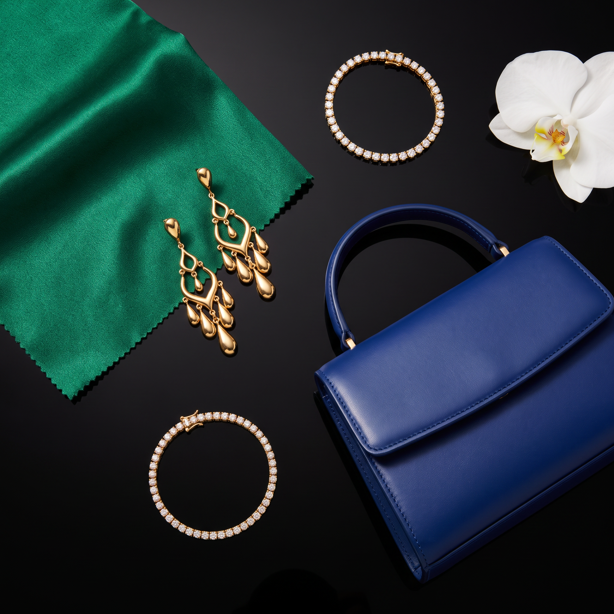 Glam Fab flat lay: emerald satin, gold chandelier earrings, diamond tennis bracelets, sapphire structured bag on black lacquer — WifeLife.vip