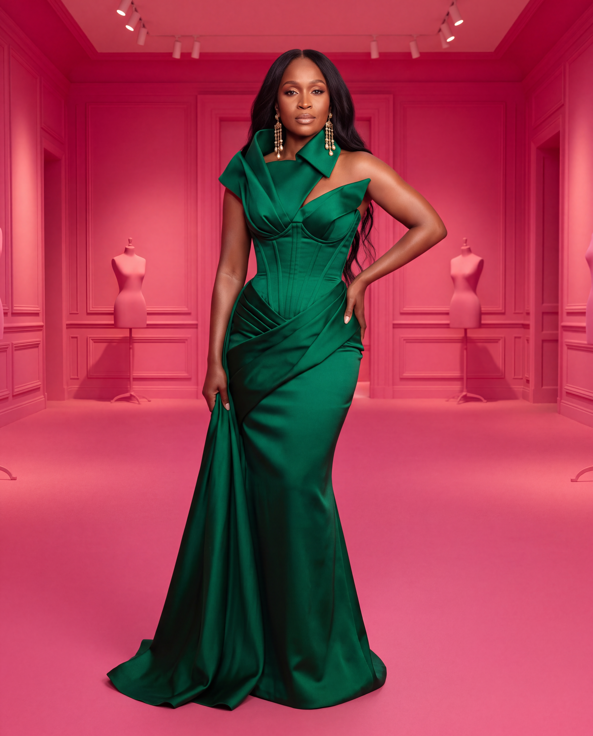Glam Fab archetype editorial: woman in emerald sculptural satin gown standing in a deep rose couture atelier — WifeLife.vip