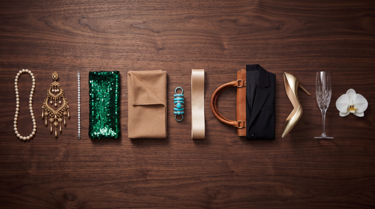 Twelve archetype objects arranged on dark walnut — pearls, sequin, cashmere, diamonds, stiletto, crystal — WifeLife.vip