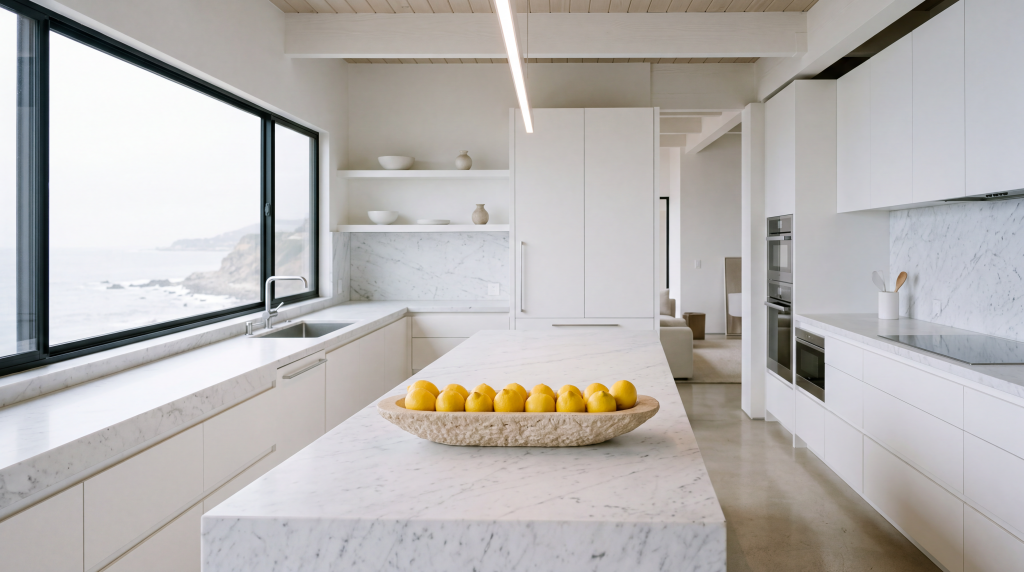 Minimalist Malibu kitchen: white Carrara marble, single row of lemons in travertine bowl, cold north light — WifeLife.vip