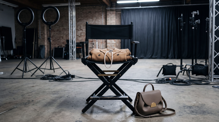 Empty director's chair on a studio set, ring lights off, camel blazer folded on the seat — WifeLife.vip