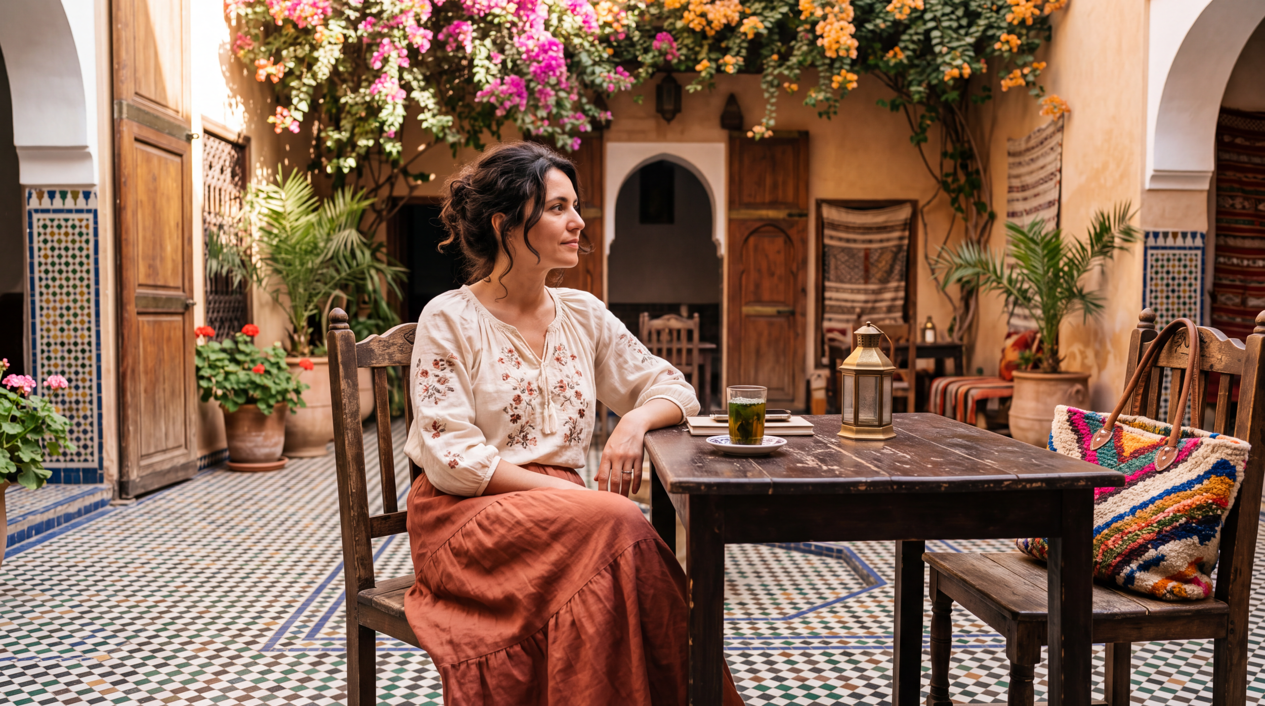Woman in cream embroidered blouse in a Marrakech riad courtyard, woven bag, mint tea — WifeLife.vip