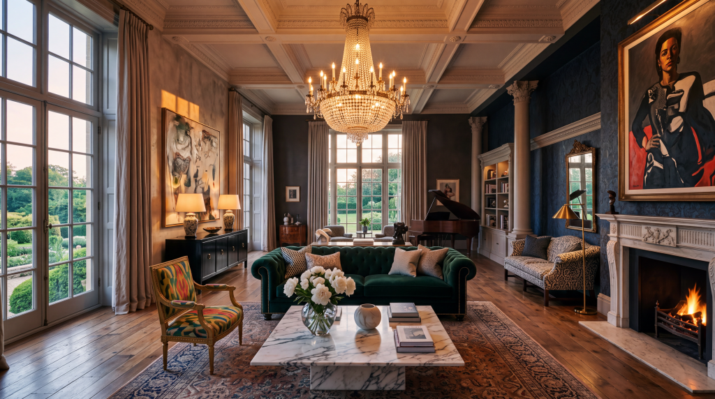 Grand formal living room: double-height ceilings, emerald velvet sofa, crystal chandelier, marble table, white peonies — WifeLife.vip