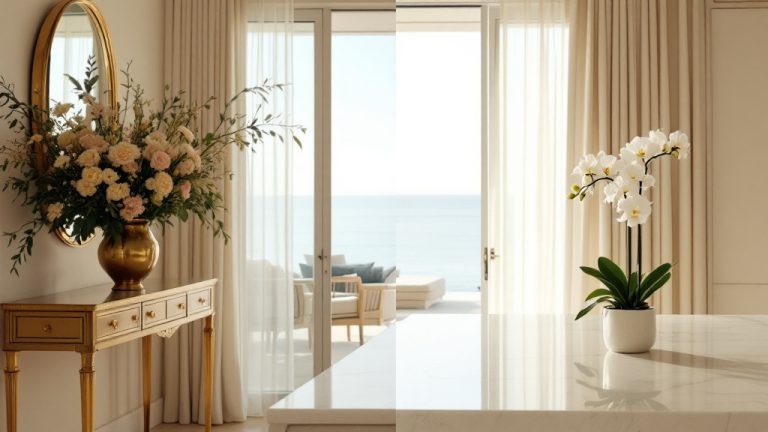 Malibu estate split: formal golden interior left, stripped-back Carrara marble and single orchid right — WifeLife.vip