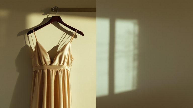 Split editorial: champagne satin dress on a hanger left side warm light, empty hanger right side cold light — WifeLife.vip