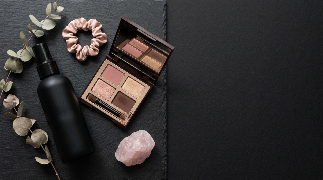 OUAI wave spray and Charlotte Tilbury eyeshadow palette flat lay, Carmella Garcia's beauty bag