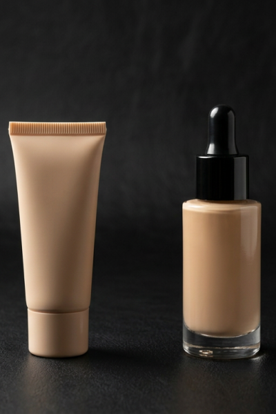 Two unbranded foundation bottles side by side on matte black background, drugstore tube versus prestige dropper bottle, CoverGirl versus Chanel comparison