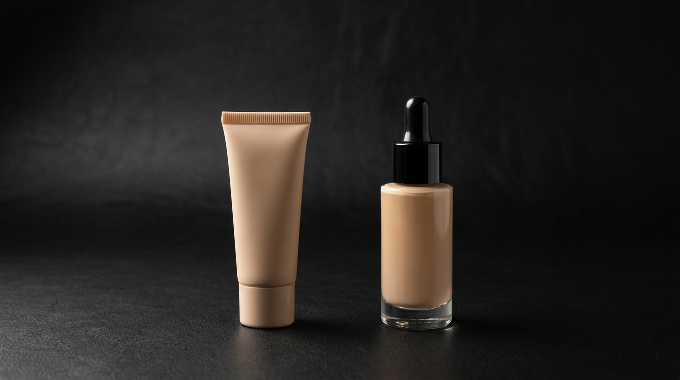 Two unbranded foundation bottles side by side on matte black background, drugstore tube versus prestige dropper bottle, CoverGirl versus Chanel comparison
