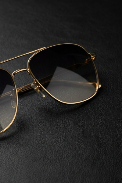 Gold-tone navigator sunglasses with dark gradient lenses on matte black background, Lisa Barlow sunglasses dupe
