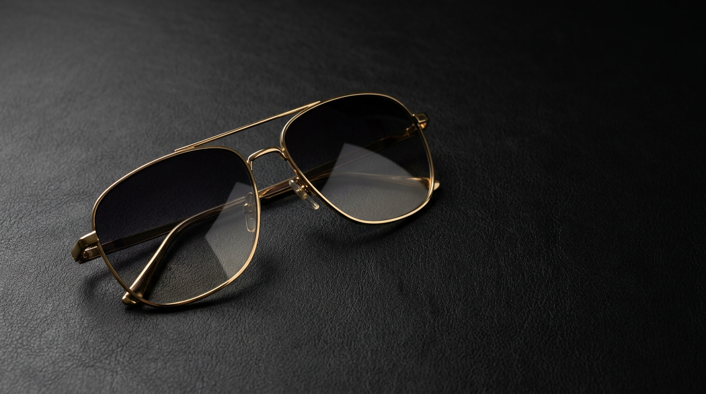 Gold-tone navigator sunglasses with dark gradient lenses on matte black background, Lisa Barlow sunglasses dupe