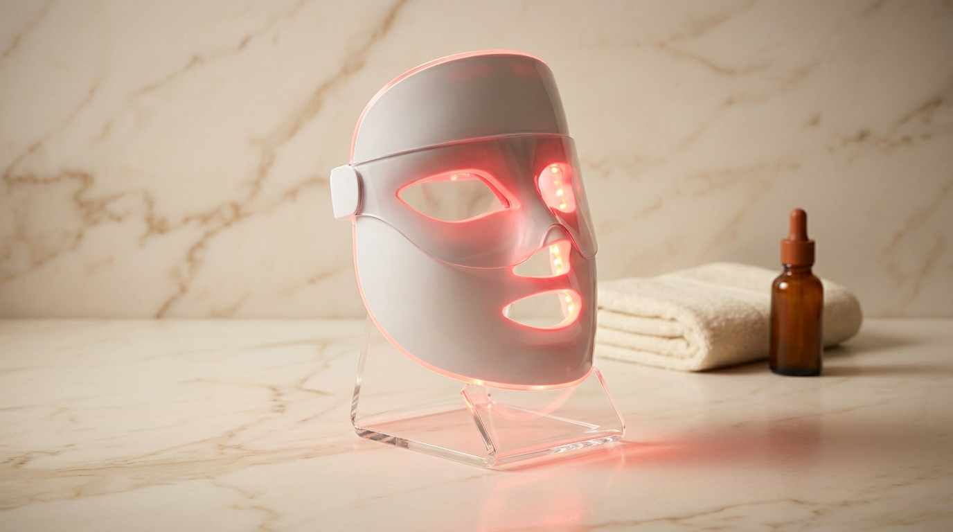 Shark CryoGlow LED face mask glowing red, resting on acrylic stand on marble surface with towel and amber skincare bottle