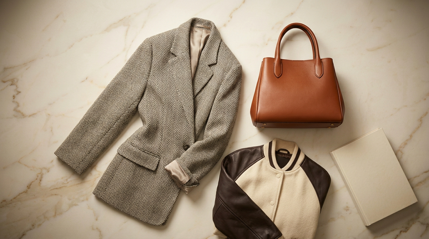 Herringbone tweed blazer, cognac leather bag, and cream varsity jacket with leather sleeves flat-laid on marble, Carole Radziwill fall wardrobe