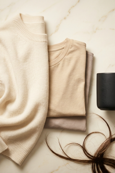 Cream cashmere sweater, folded tees, black mug, and gold REGISTRY tag flat-laid on marble, High Body Count Hair merch