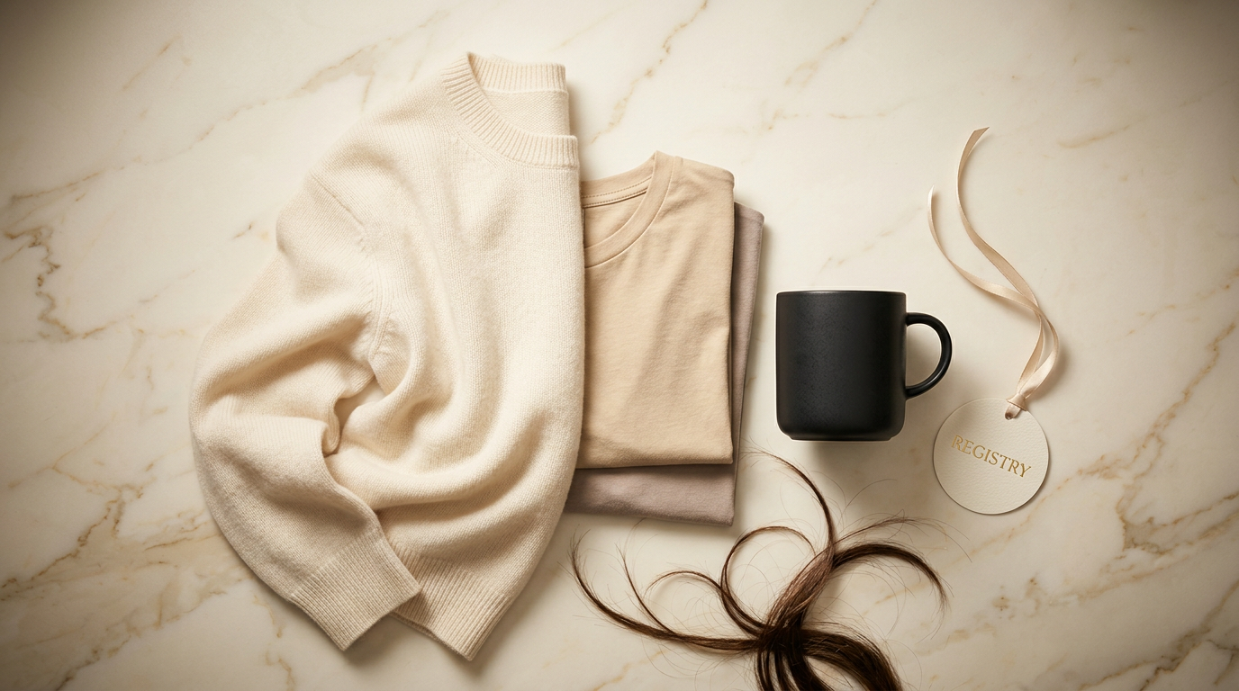 Cream cashmere sweater, folded tees, black mug, and gold REGISTRY tag flat-laid on marble, High Body Count Hair merch