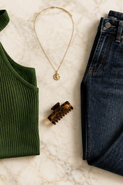 Ribbed green halter cutout knit sweater flat-laid on marble with gold necklace, tortoiseshell hair clip, and dark denim jeans