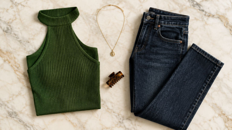 Ribbed green halter cutout knit sweater flat-laid on marble with gold necklace, tortoiseshell hair clip, and dark denim jeans