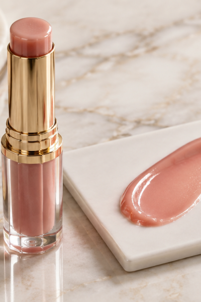Gold lip balm tube beside a smudged nude-pink gloss swatch on marble with rose petals