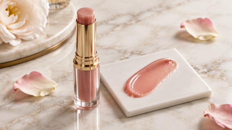 Gold lip balm tube beside a smudged nude-pink gloss swatch on marble with rose petals