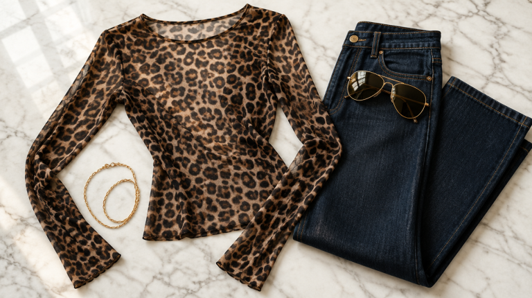 Leopard print mesh top, dark wash wide leg jeans, and oversized gold aviator sunglasses styled on white marble