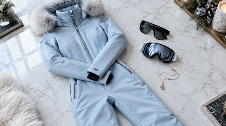 Icy-blue one-piece ski suit, oversized black shield sunglasses, ski goggles, and gold necklace styled on white marble
