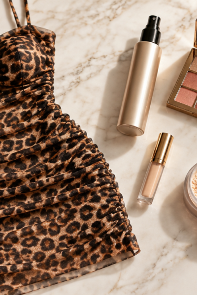 Leopard print ruched mesh mini dress with hair spray, eyeshadow palette, concealer, loose powder, and gold hoop earrings styled on white marble
