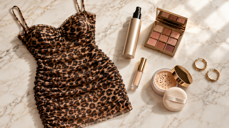 Leopard print ruched mesh mini dress with hair spray, eyeshadow palette, concealer, loose powder, and gold hoop earrings styled on white marble