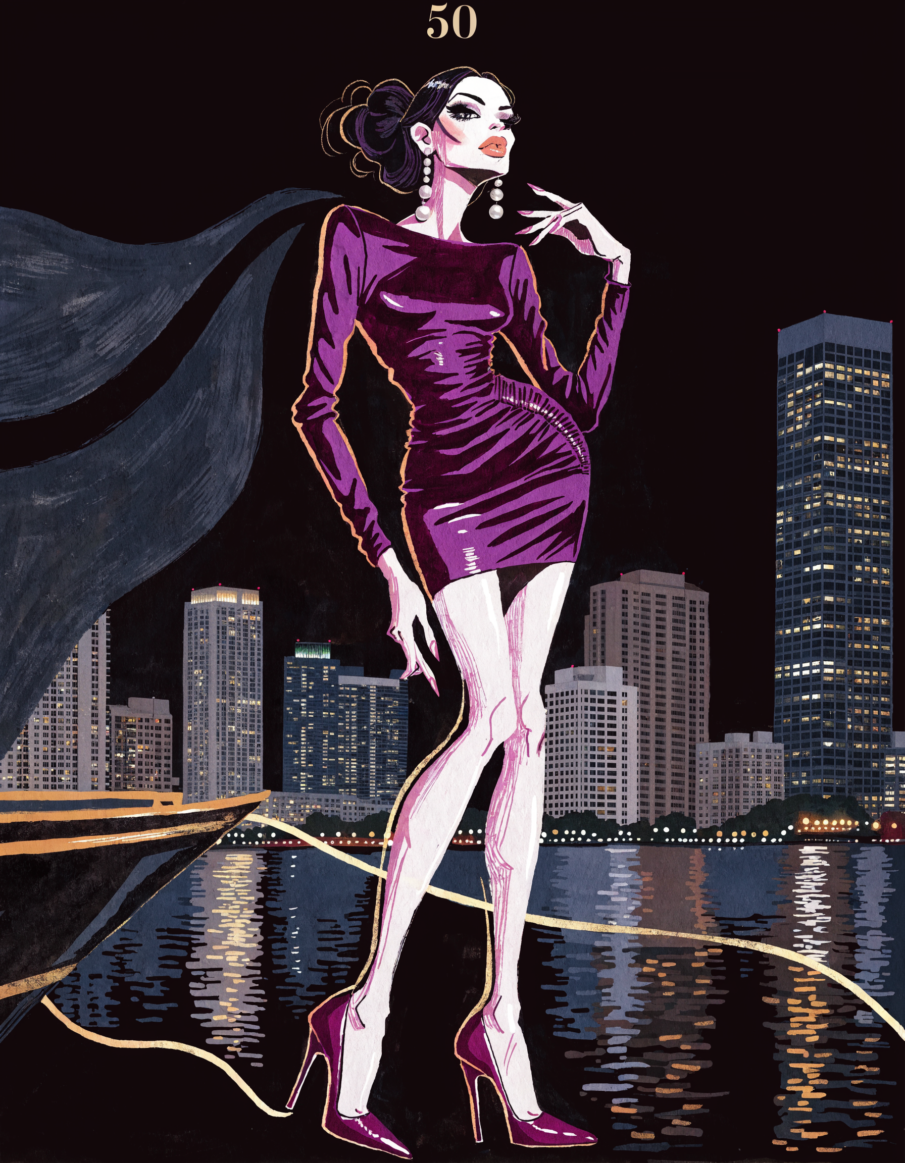 Illustrated Sultry Luxe archetype portrait in a plum satin dress, ranked number 50