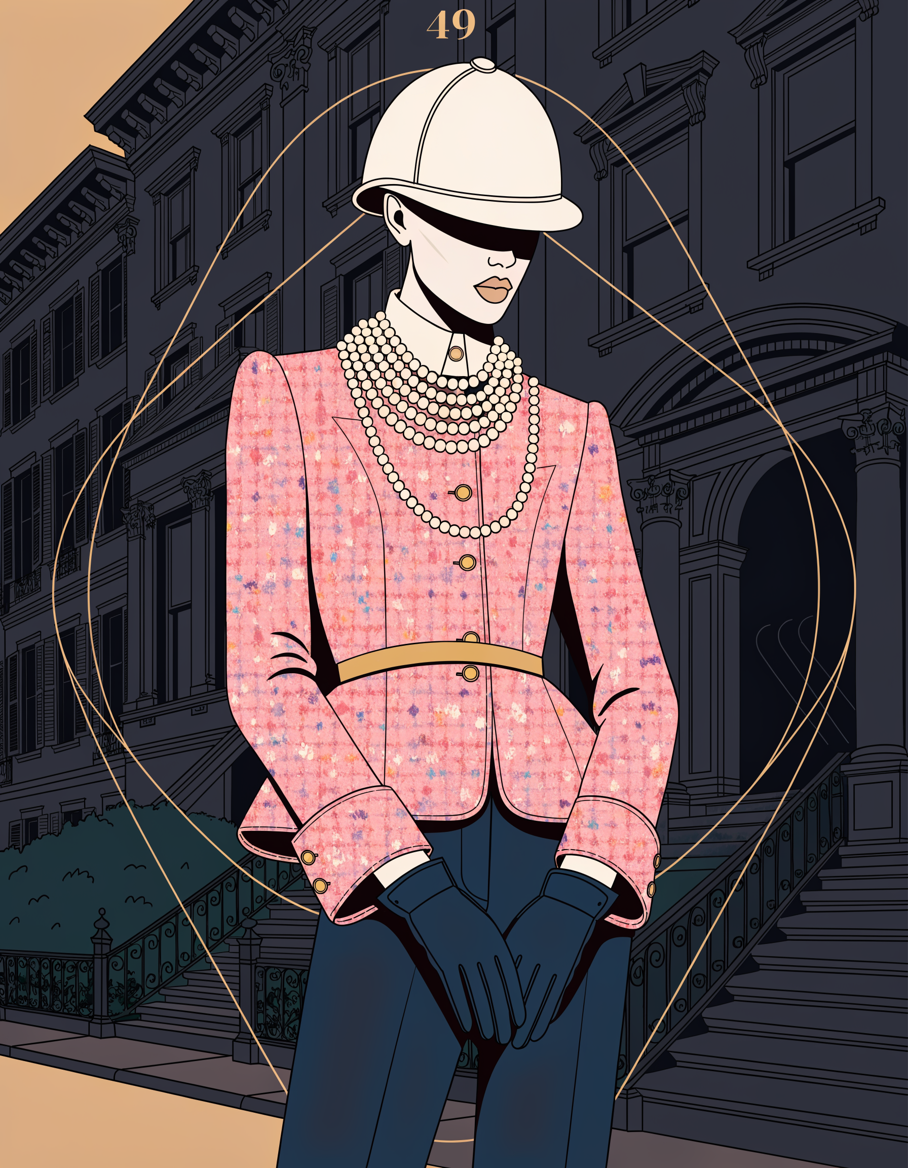Illustrated Old Money Equestrian archetype portrait in pastel pink tweed, ranked number 49