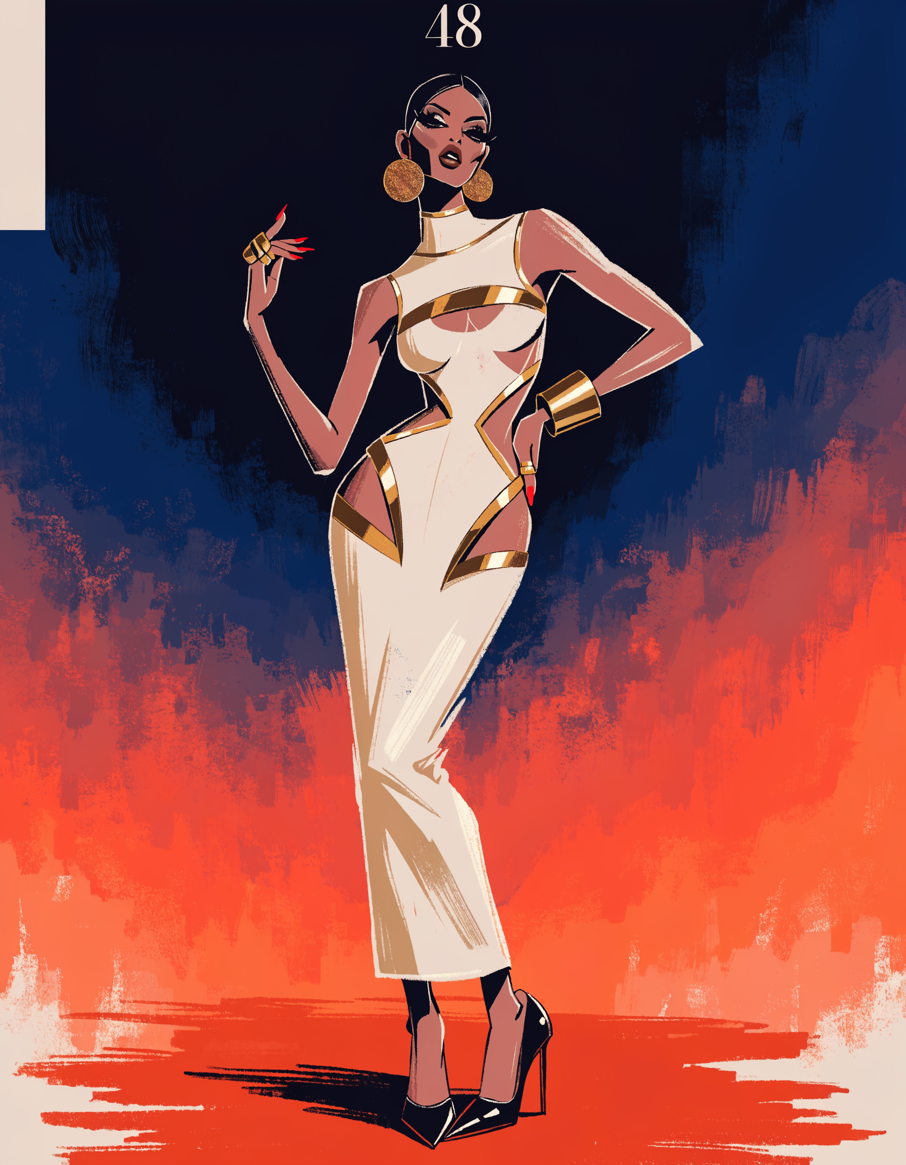 Illustrated Sultry Luxe archetype portrait in an ivory cutout gown, ranked number 48