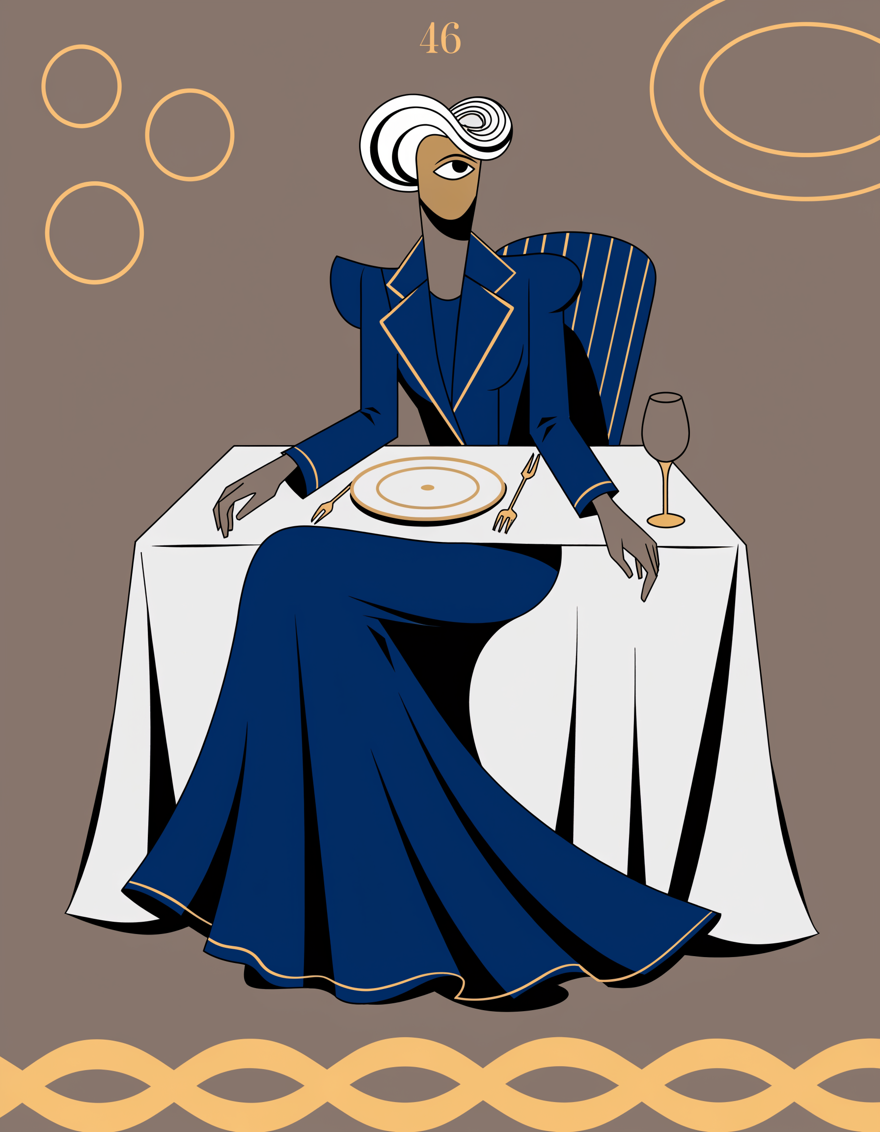 Illustrated Modern Matriarch archetype portrait in a navy dress suit, ranked number 46