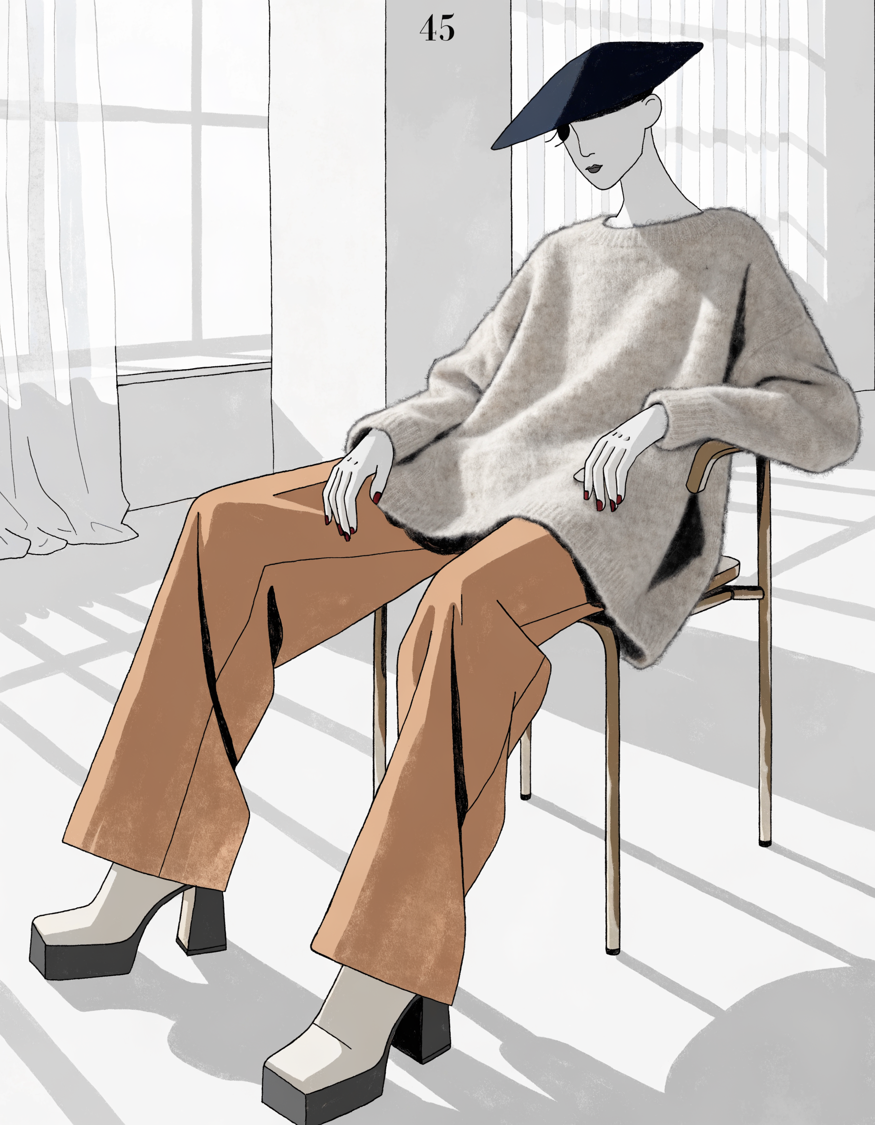 Illustrated Sovereign Minimalist archetype portrait in bone cashmere and camel trousers, ranked number 45