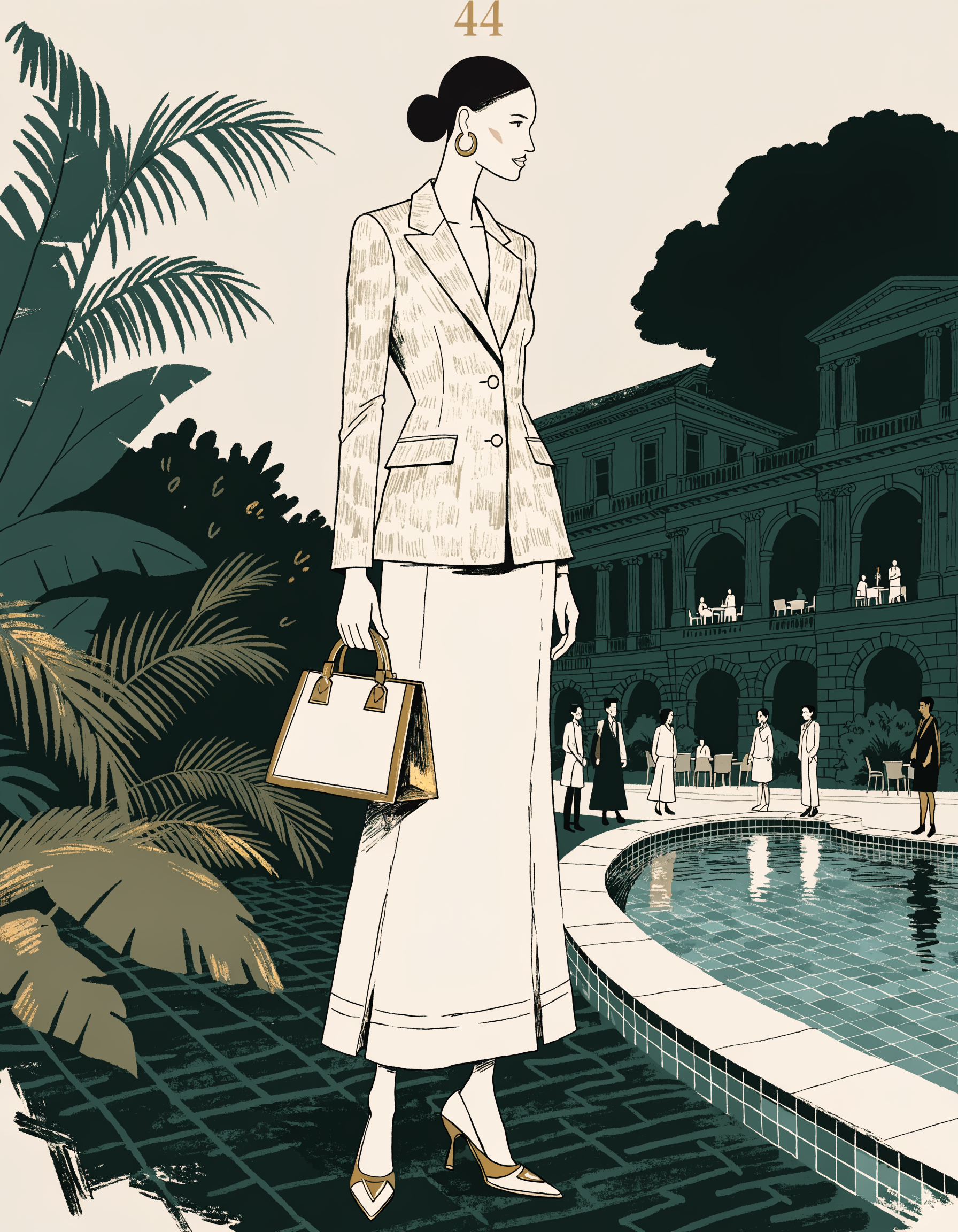 Illustrated Modern Matriarch archetype portrait in a cream skirt suit, ranked number 44