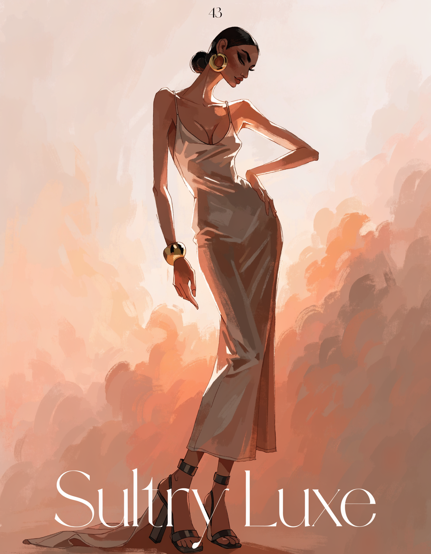 Illustrated Sultry Luxe archetype portrait in a champagne slip dress, ranked number 43