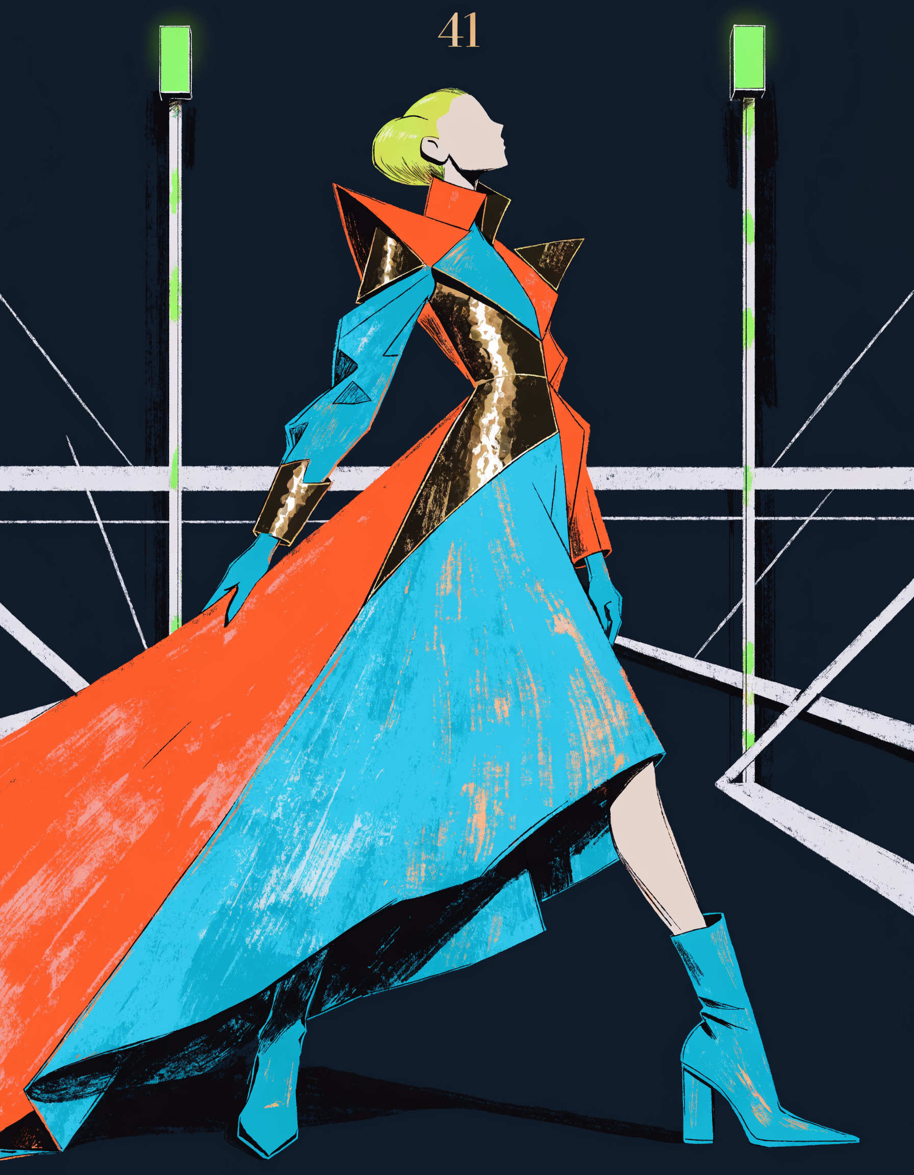 Illustrated Main Character Neon archetype portrait in a colour-blocked coat dress, ranked number 41