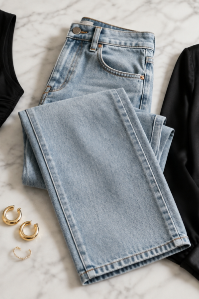 Flat-lay of Zara asymmetric top, Eterne denim, Jennifer Fisher-style jewelry, and Giorgio Armani-style top