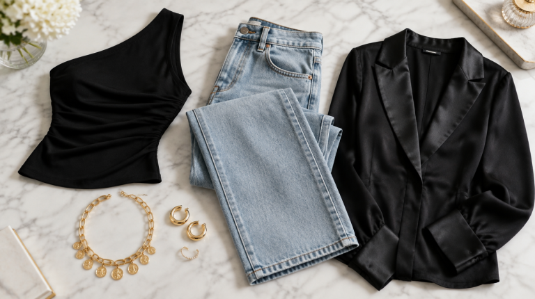 Flat-lay of Zara asymmetric top, Eterne denim, Jennifer Fisher-style jewelry, and Giorgio Armani-style top