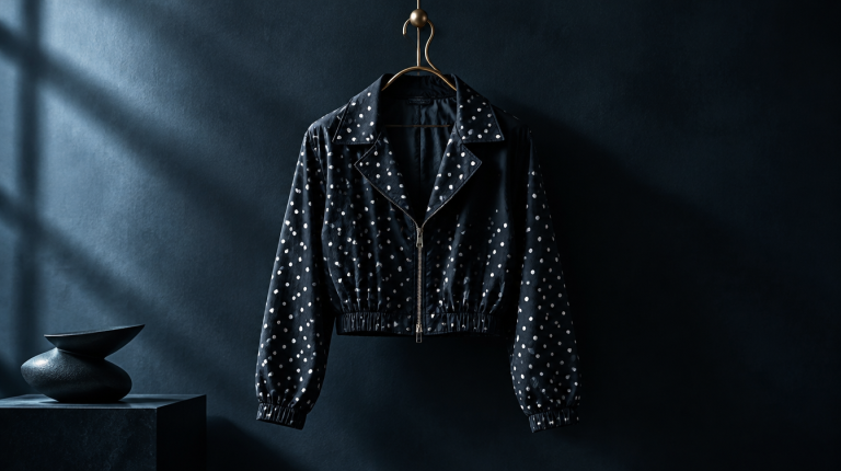 Black polka-dot cropped zip-up windbreaker jacket on a brass hanger against a dark navy wall