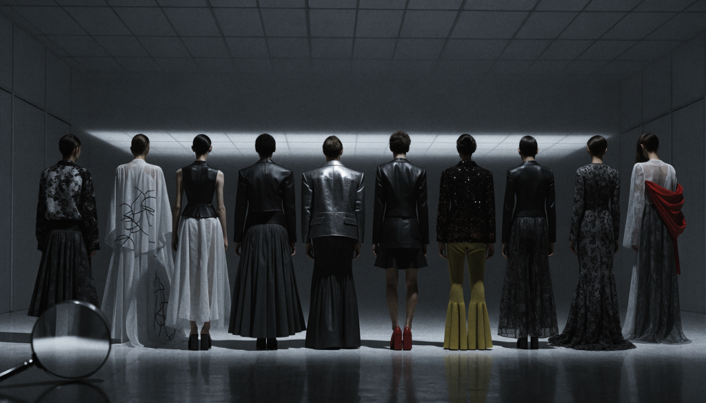 Ten faceless figures in failed fashion looks standing in a dark forensic space with a magnifying glass in the foreground