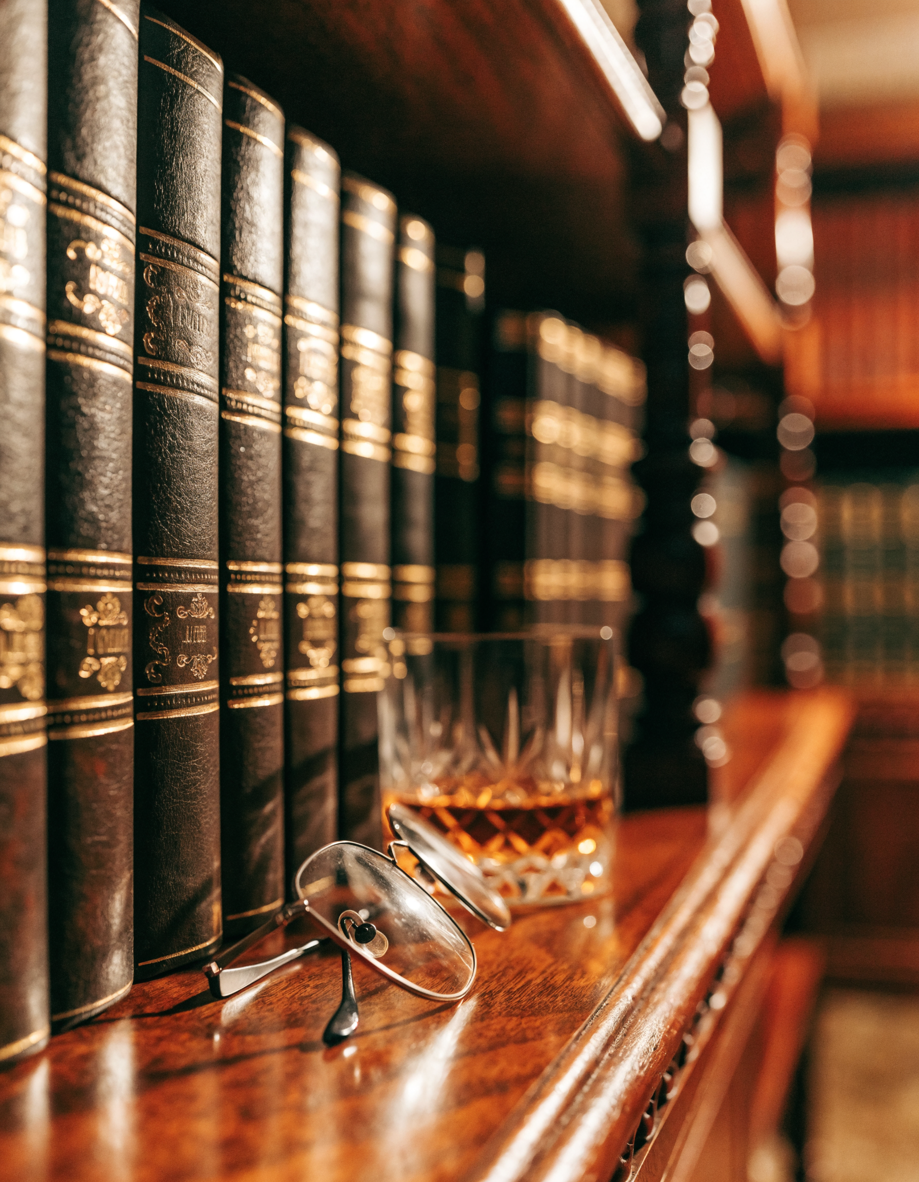 Leather-bound books with gold-stamped spines on a mahogany shelf beside reading glasses and a whiskey tumbler