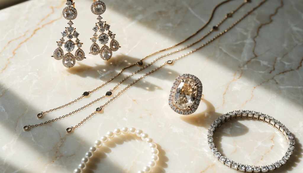 Flat lay of chandelier earrings, gold chains, cocktail ring, pearls and tennis bracelet on cream marble