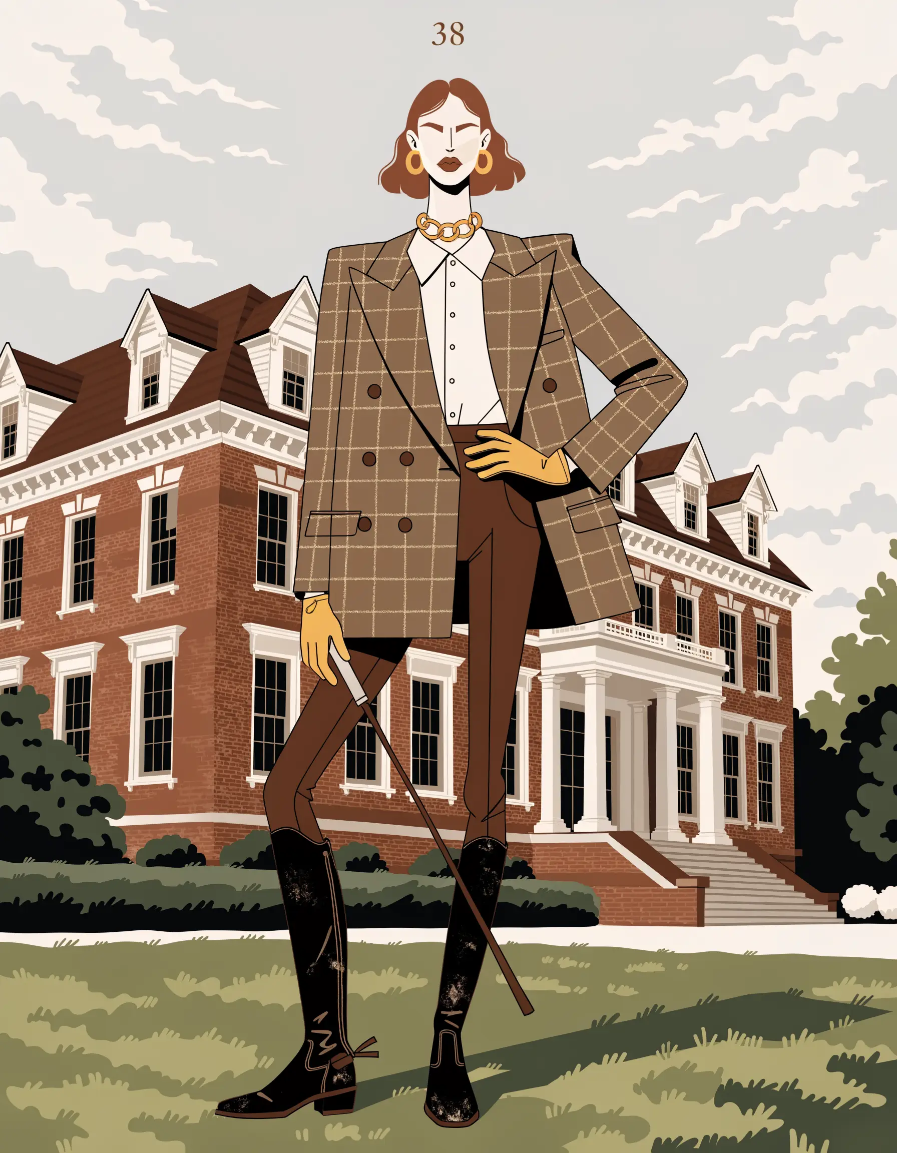 Illustrated Old Money Equestrian archetype portrait, ranked number 38
