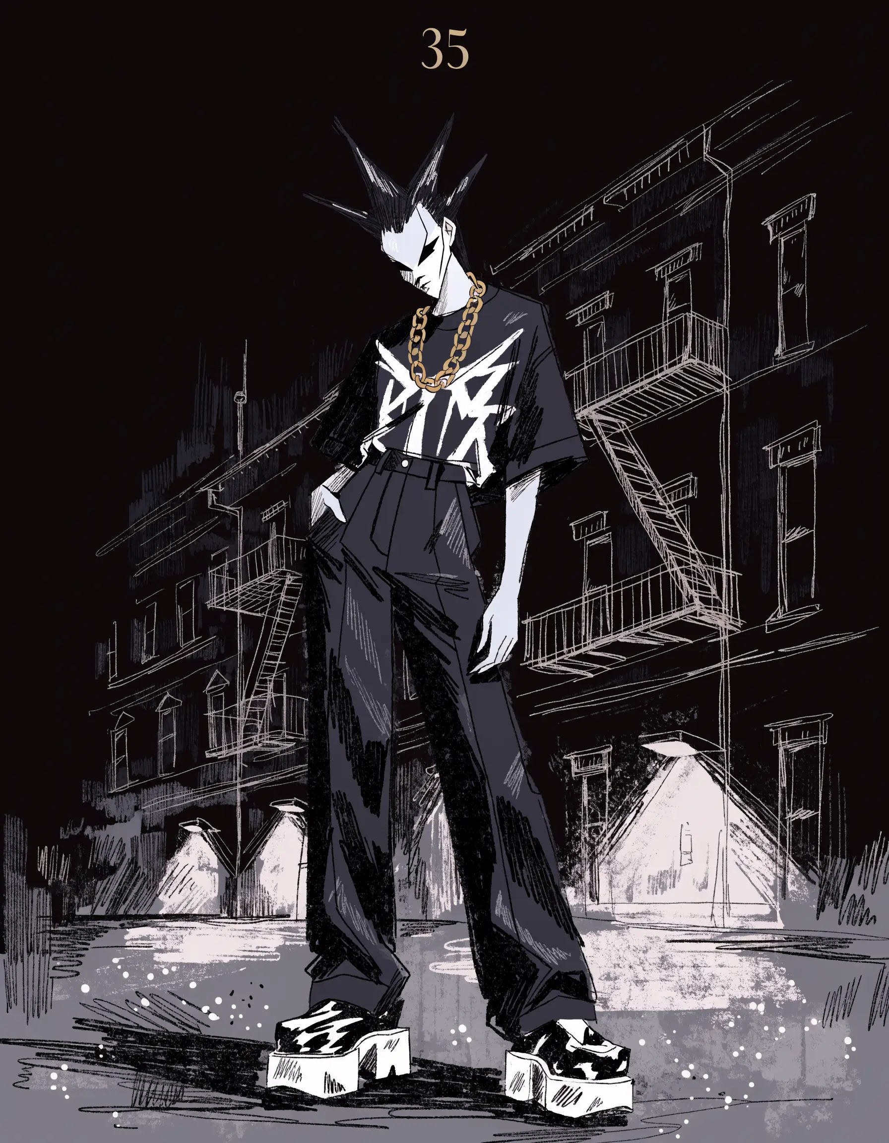 Illustrated Dark Feminine archetype portrait in streetwear, ranked number 35